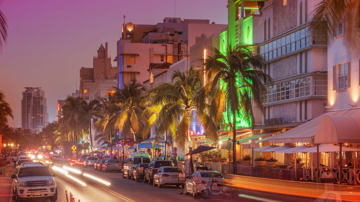 cars on road palm trees buildings