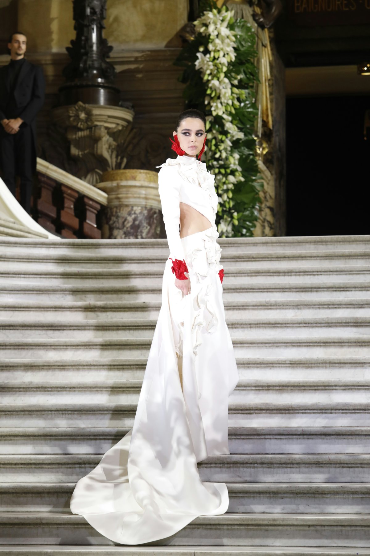 dress formal wear fashion gown handrail staircase flower arrangement flower bouquet evening dress wedding gown