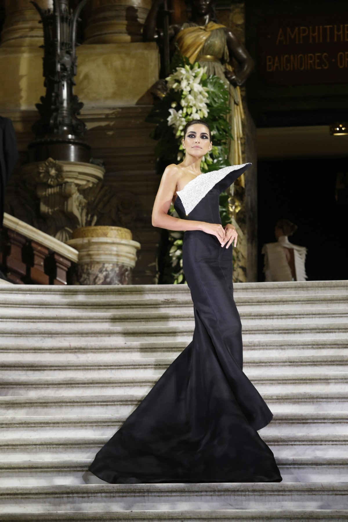 dress evening dress formal wear fashion gown staircase handrail person flower bouquet bride