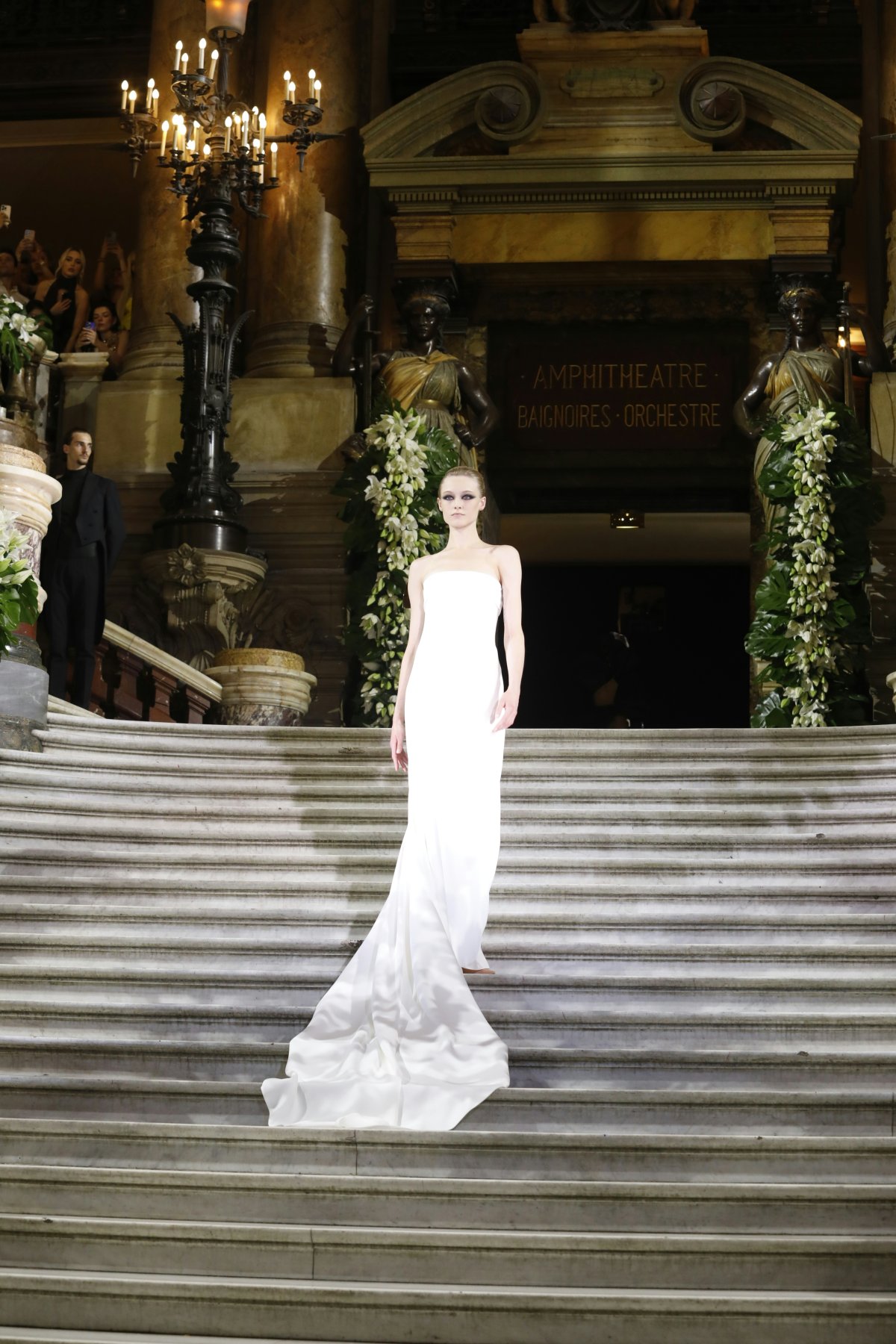 dress formal wear fashion gown evening dress staircase handrail adult man person