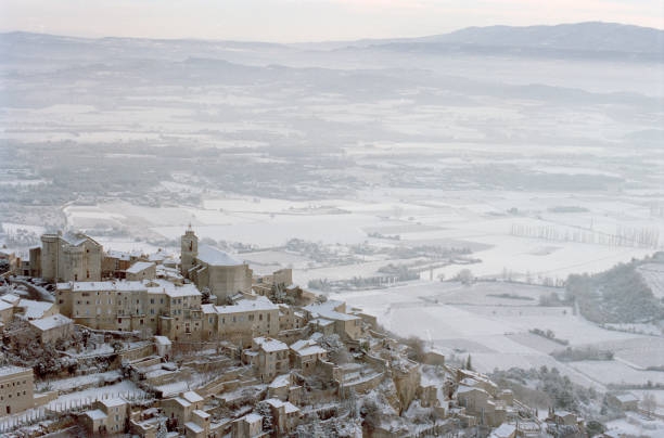 snowy village on hill