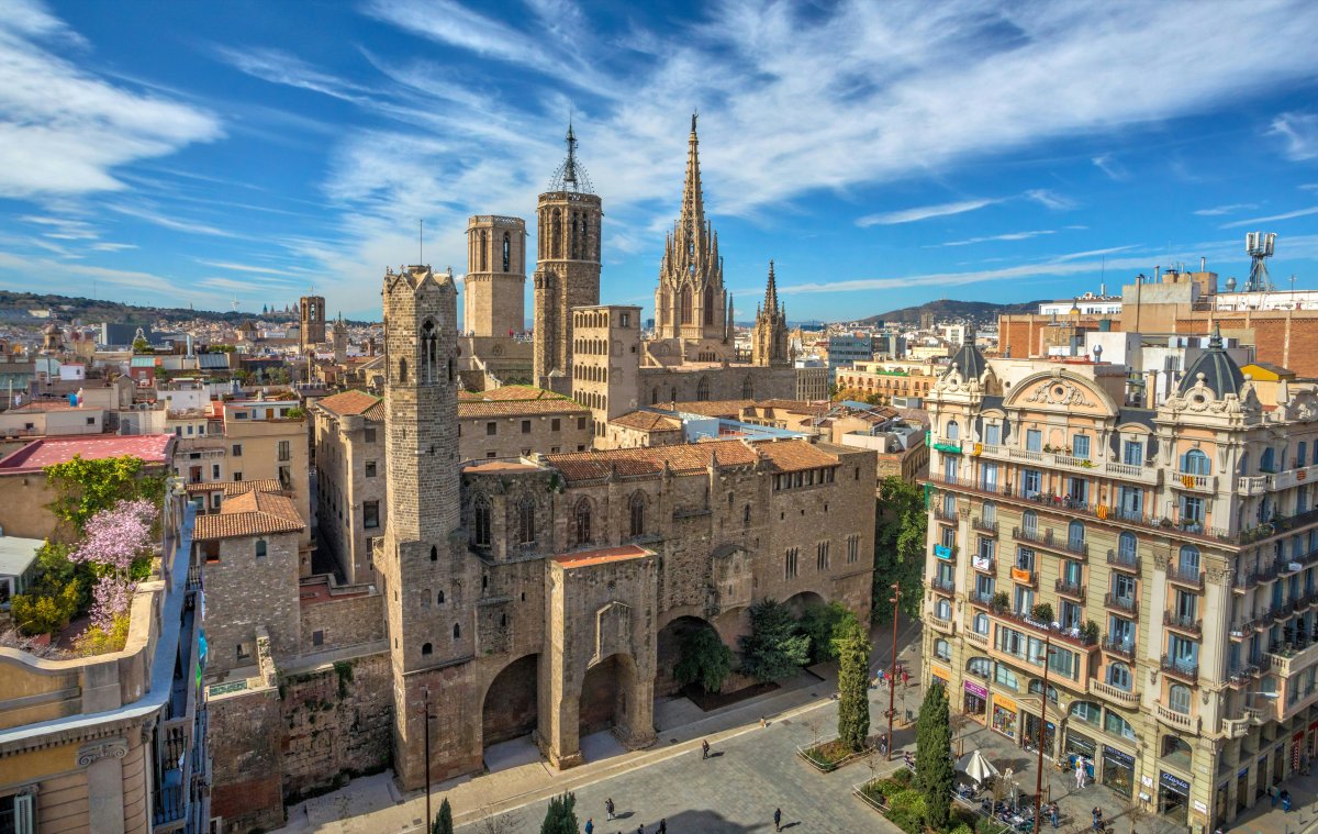 view of skyline in barcelona with gothic cathedral in foreground