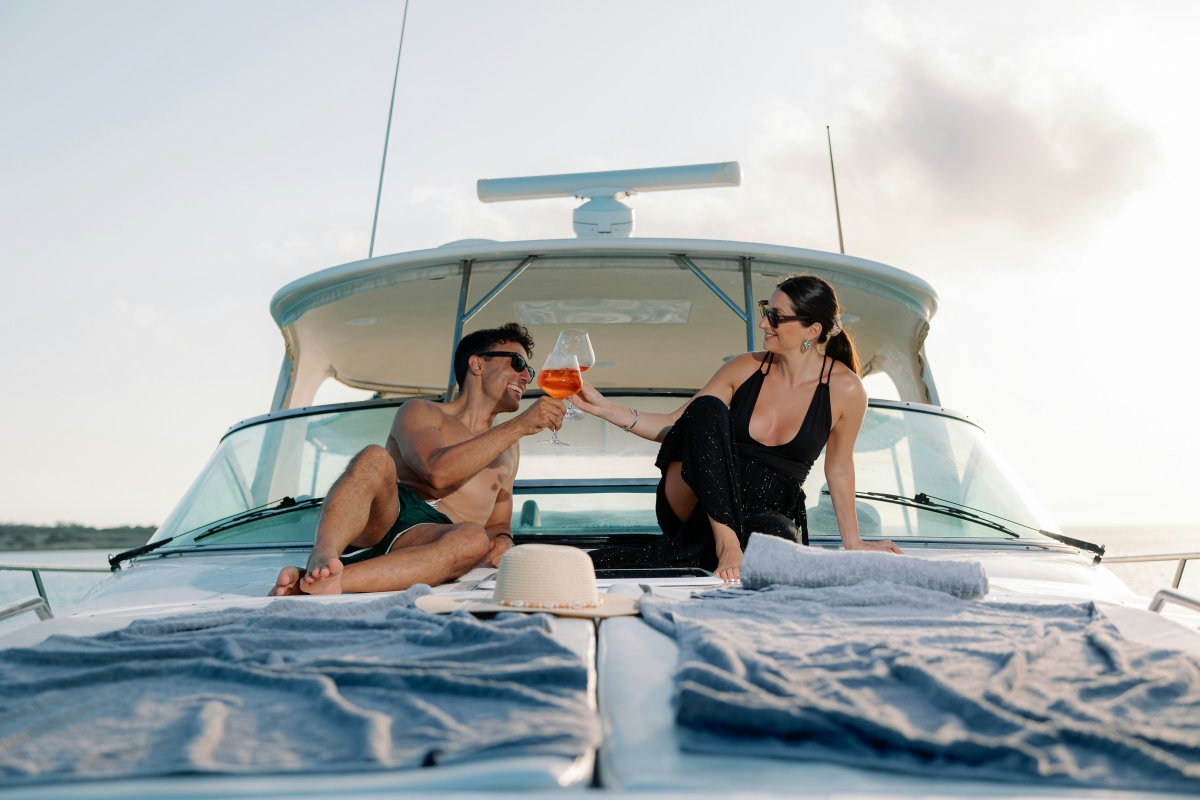 adult female person woman male man glasses bracelet fun yacht