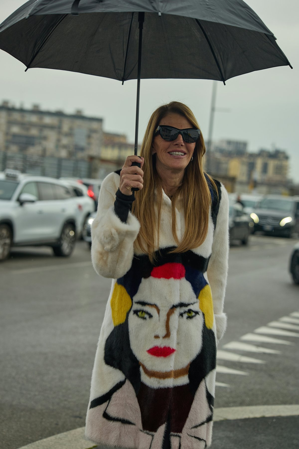 sunglasses tarmac adult female person woman coat long sleeve finger wheel