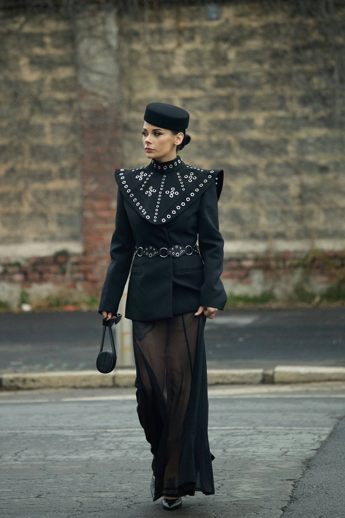 lady person clothing coat standing adult female woman handbag shoe