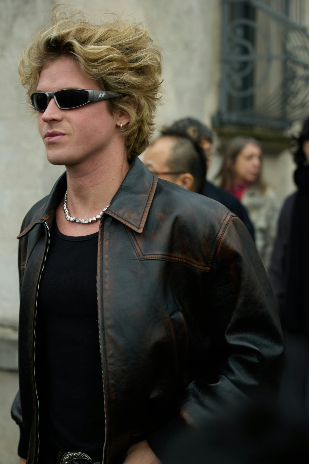 coat jacket sunglasses adult female person woman male man face