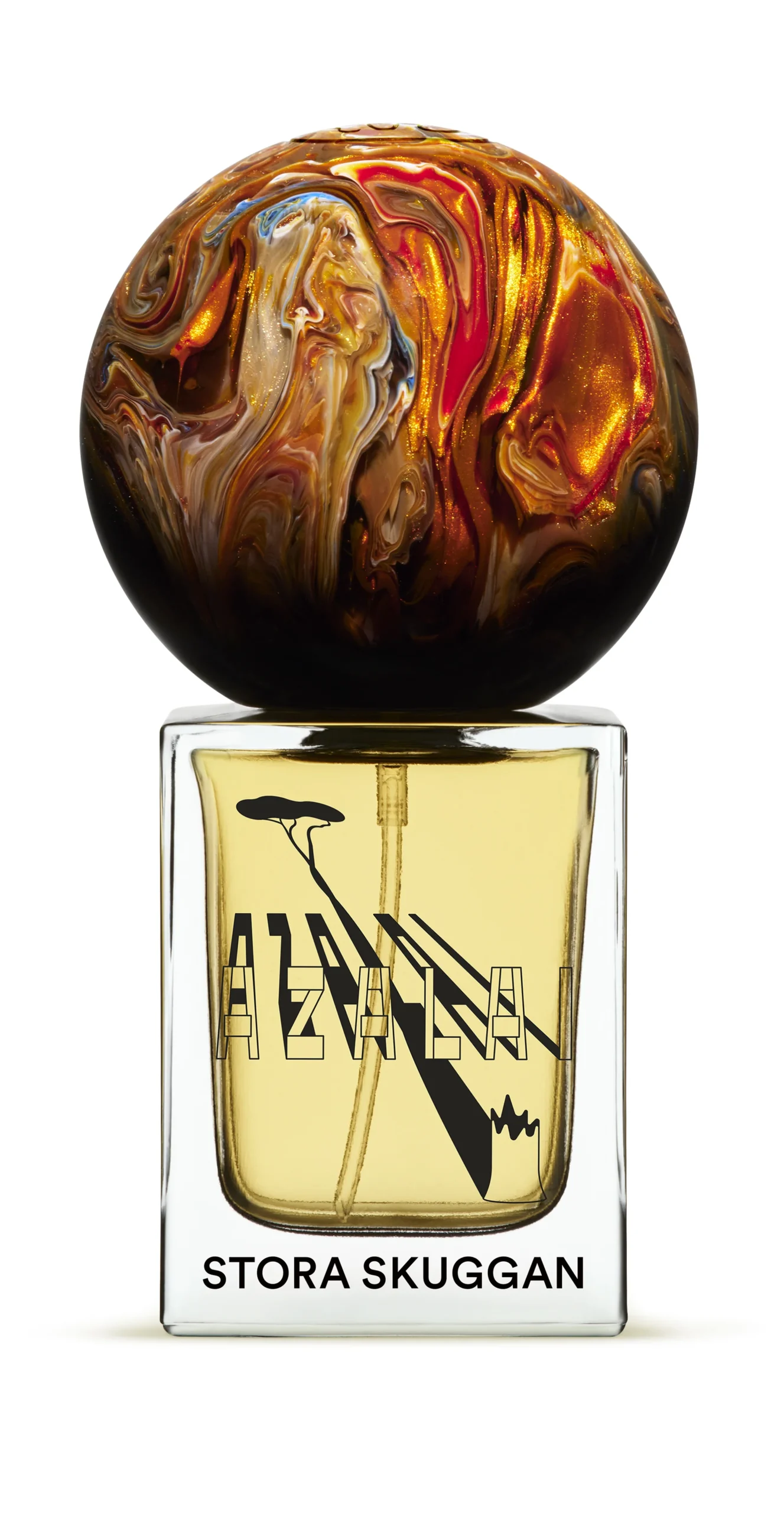 Stora Skuggan perfume bottle with a round marbled cap and yellow liquid.
