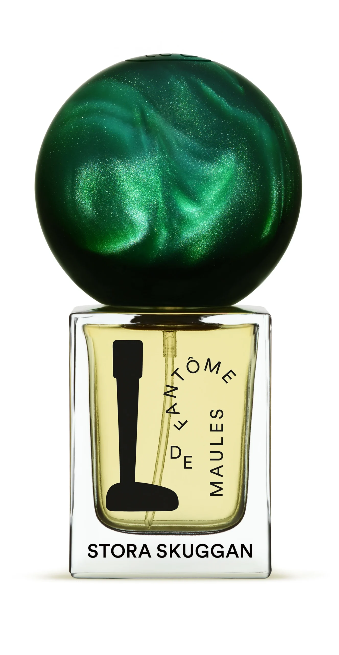 Stora Skuggan perfume bottle with a large spherical green cap and label reading Fantôme de Maules.