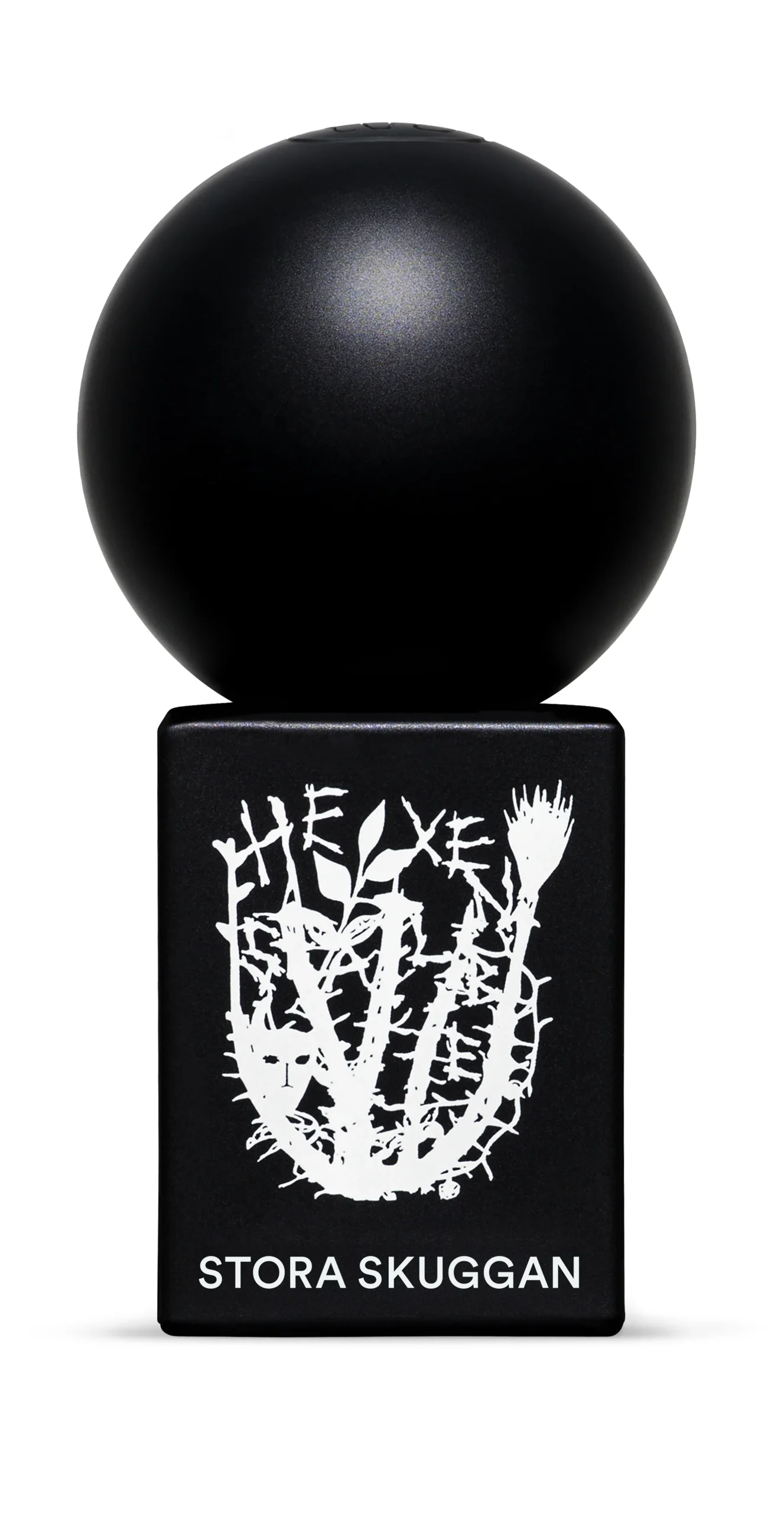 Stora Skuggan perfume bottle with a black spherical cap and a square base featuring botanical white art.