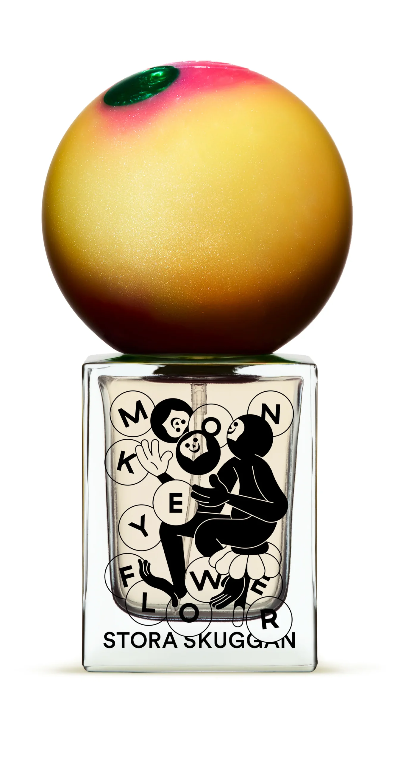 Stora Skuggan perfume bottle featuring a large spherical cap and a label with whimsical monkey illustrations.