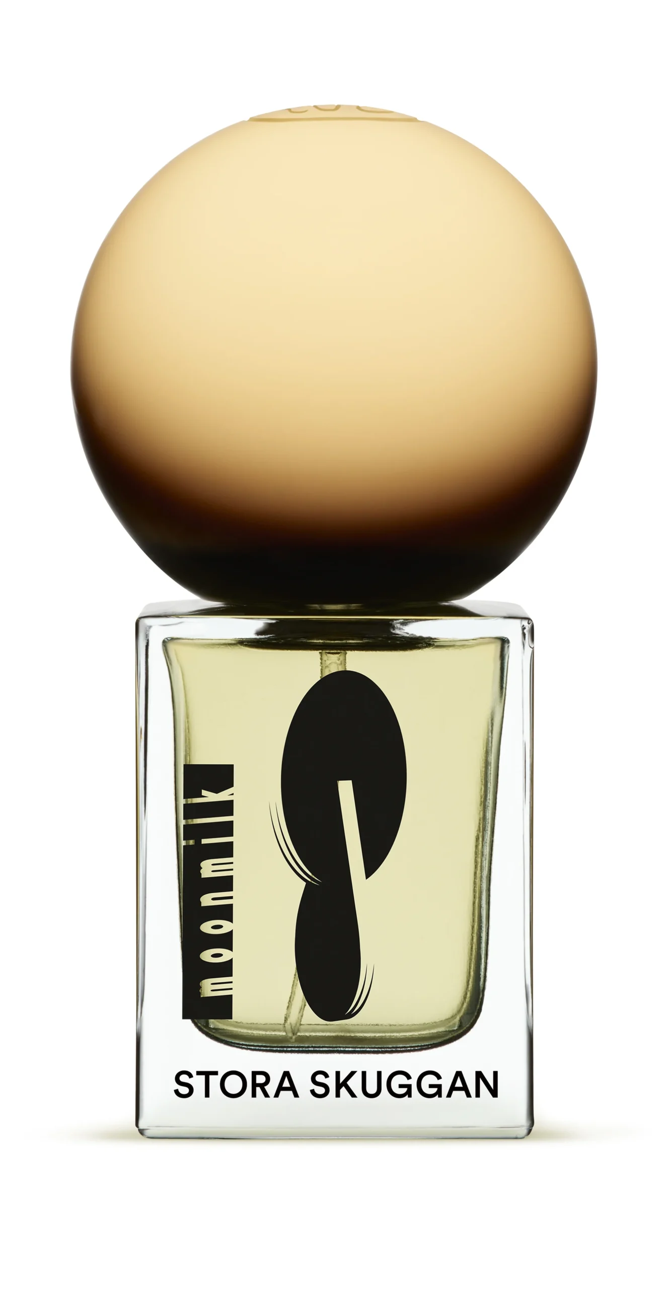 Stora Skuggan Moonmilk perfume bottle with a large round golden cap and minimalist label.