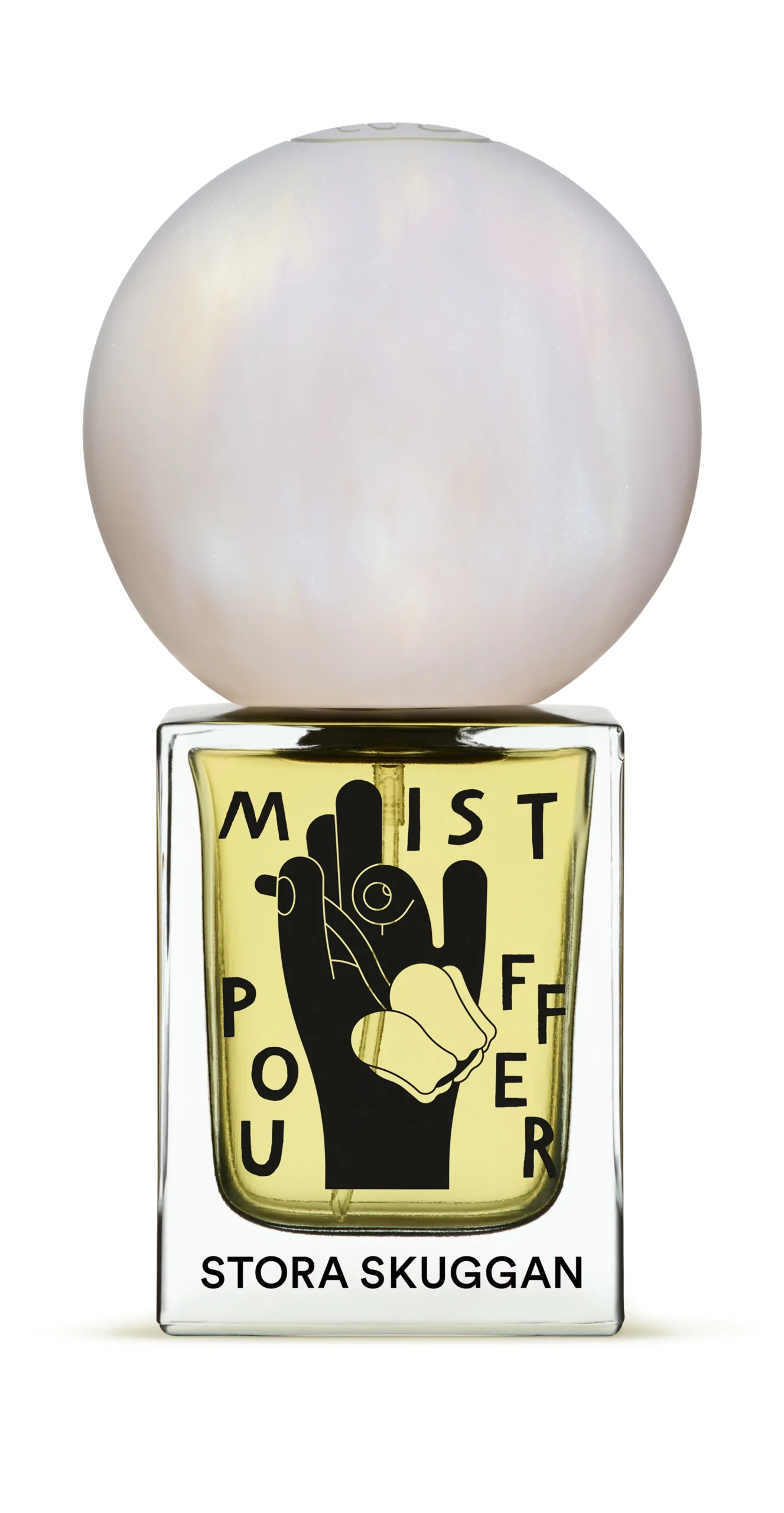 Stora Skuggan perfume bottle with a large round spherical cap and a label featuring a black hand graphic.