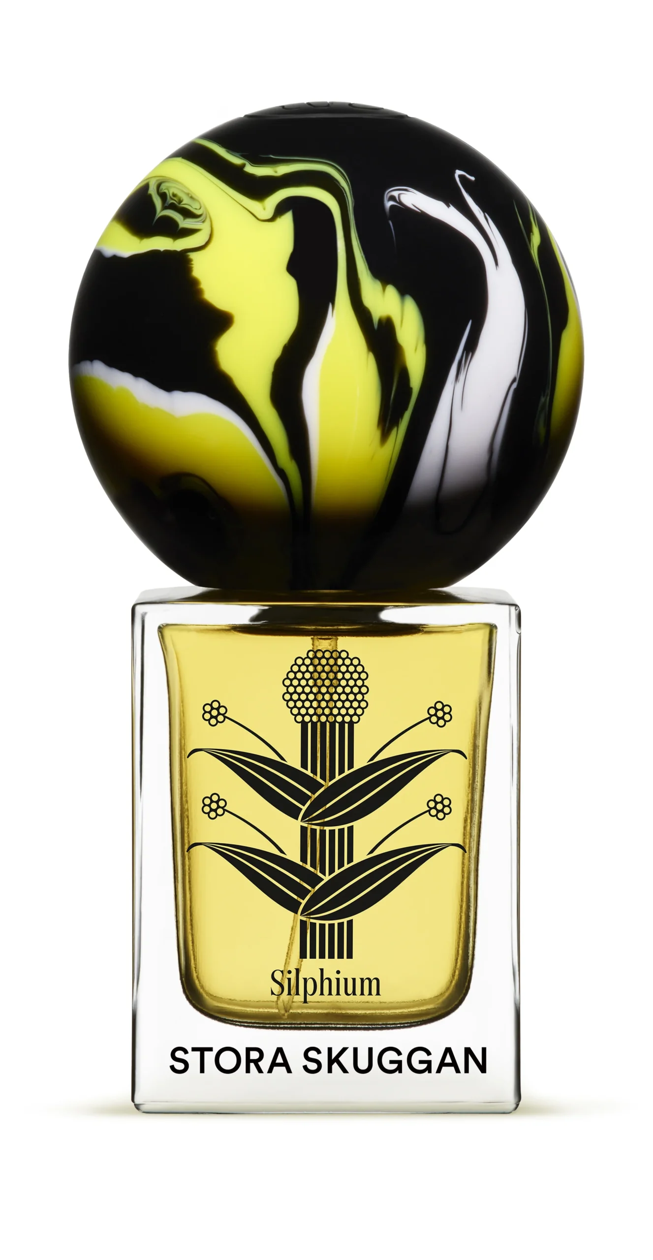 Stora Skuggan Silphium perfume bottle with a round black and yellow marbled cap and botanical illustration.