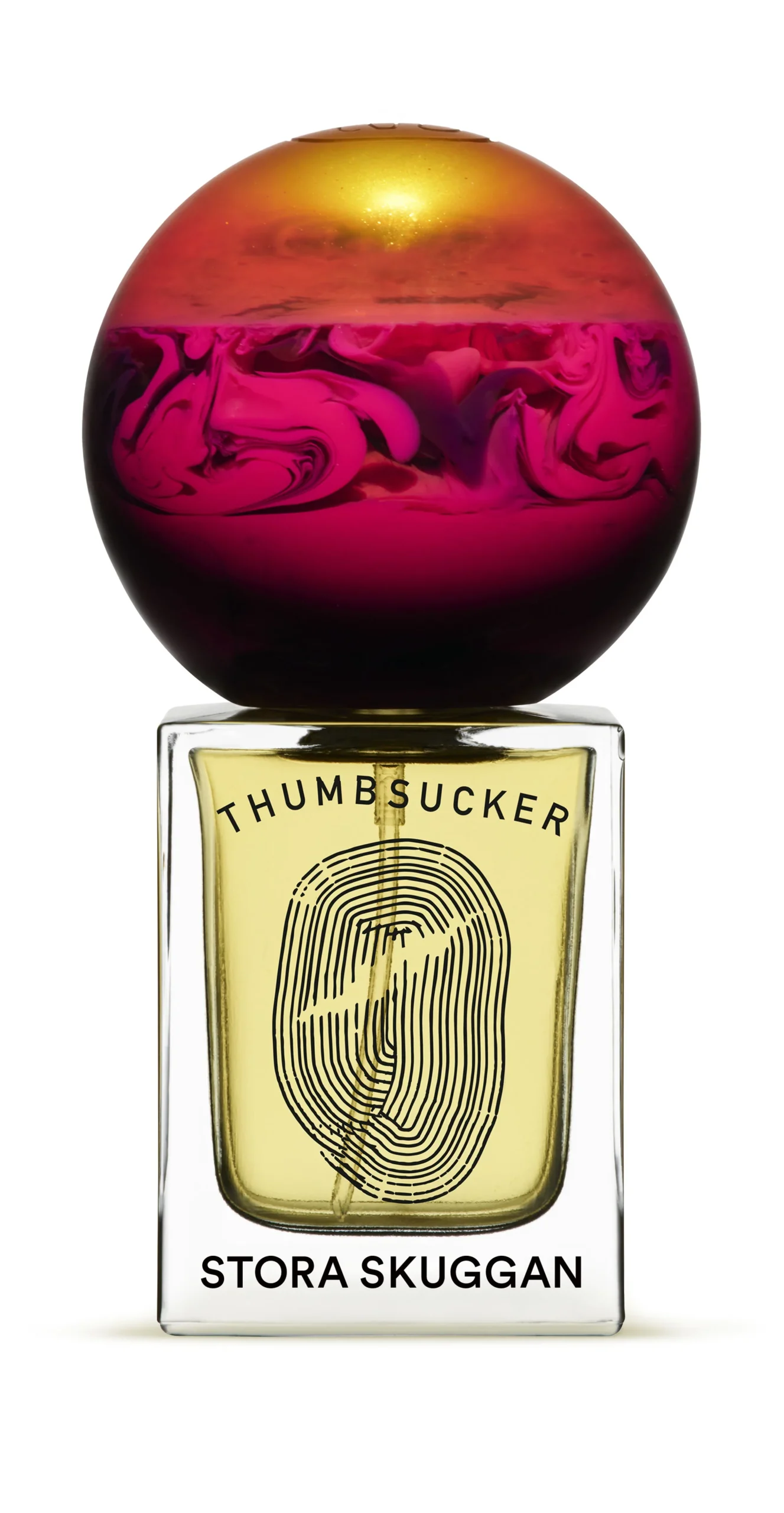Stora Skuggan Thumbsucker perfume bottle with a round red and orange cap and a fingerprint graphic.